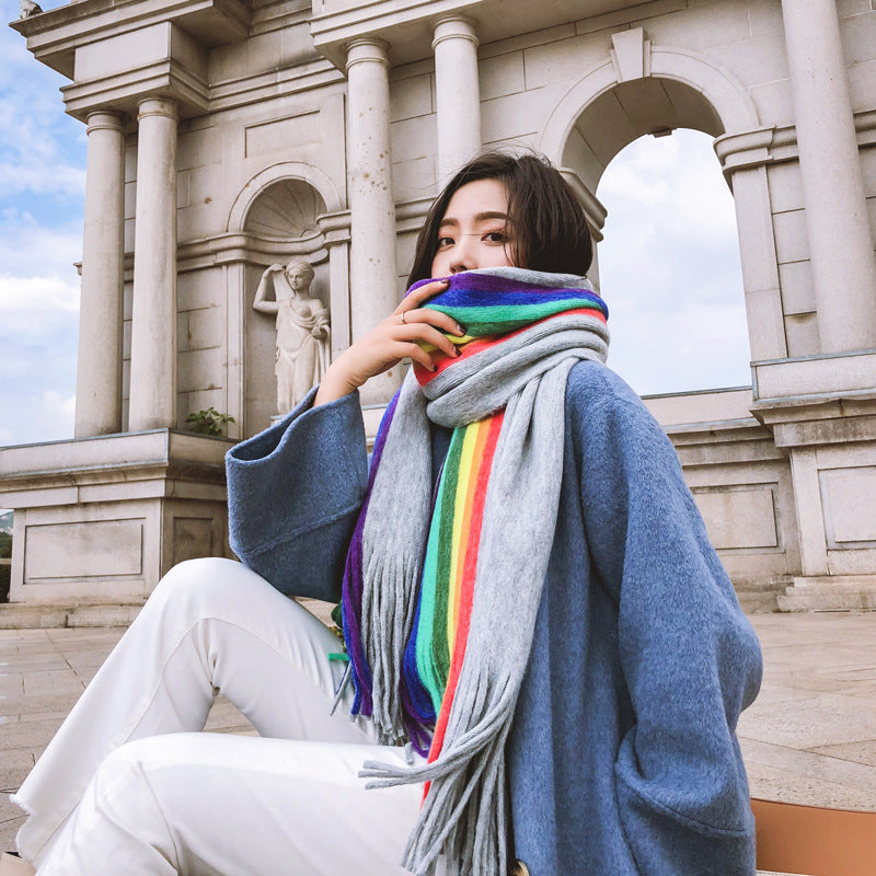 Rainbow Double Sided Scarf Women's Cashmere Tassel