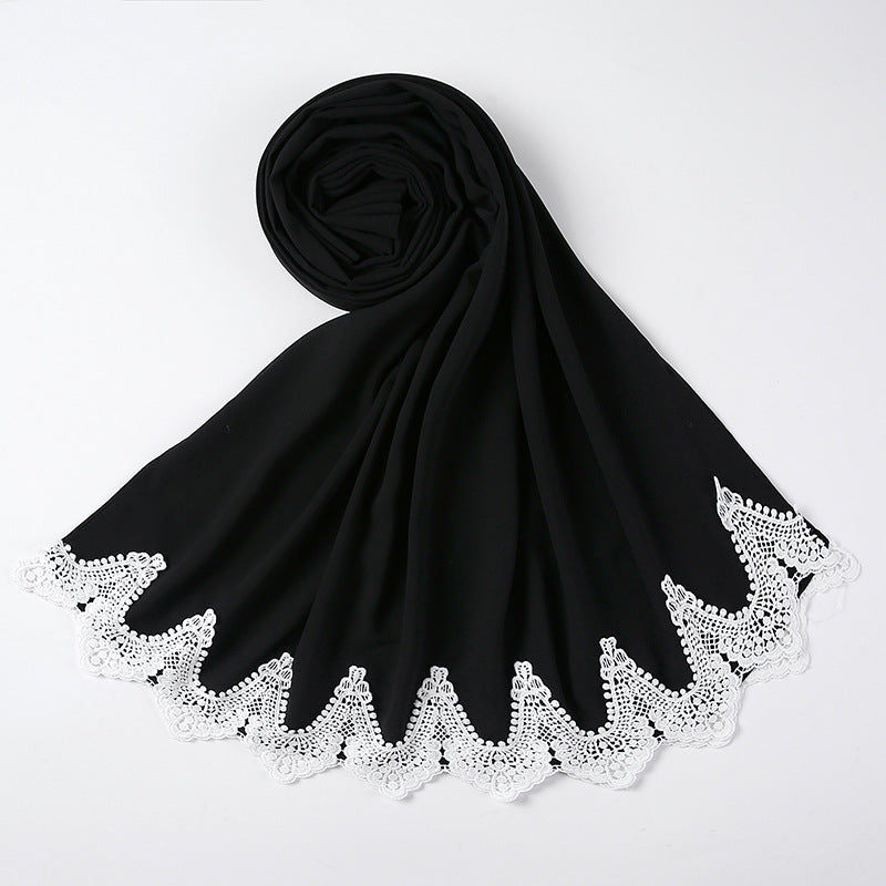 New Pearl Chiffon Scarf Malaysia Fashion Stitching Lace Scarf