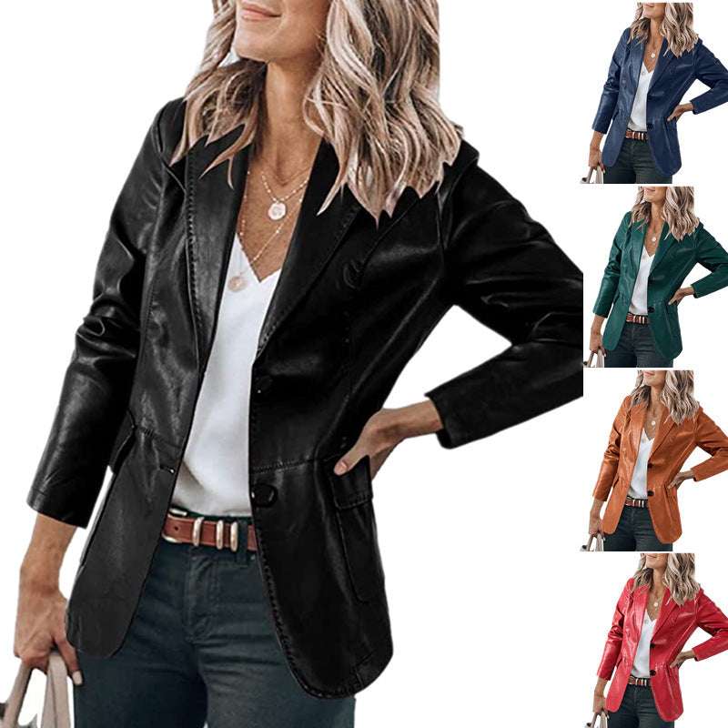 Elegant Slim-fit Lapel Single Breasted Solid Color PU Leather Long-sleeved Top