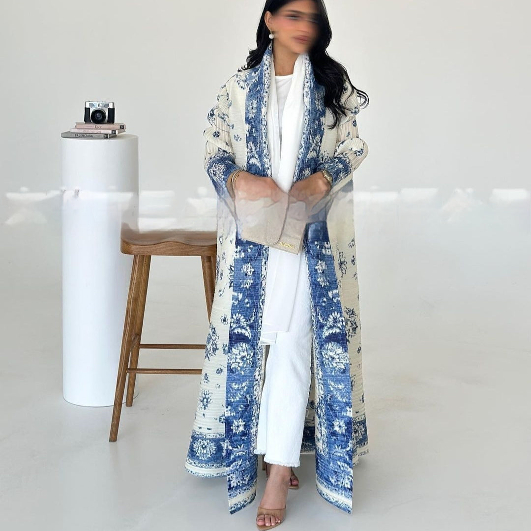 Pleated Trench Djellaba Hot-selling Printed Shawl Cardigan Ethnic Style Cloak Coat