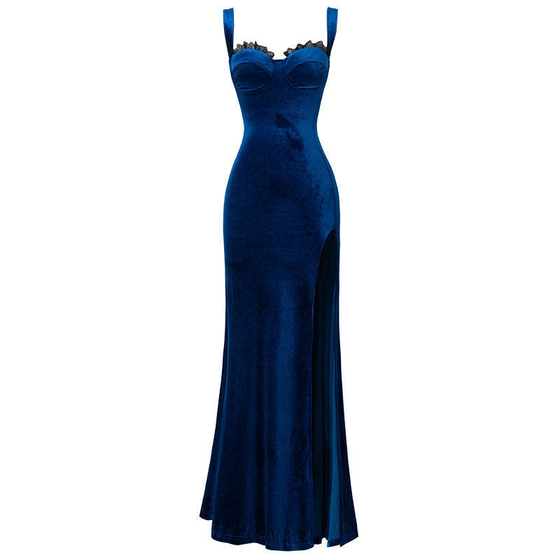 Velvet Lace Wrap Hip Evening Dress