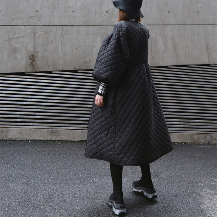 Oversize Lantern Sleeve Diamond Plaid Embossed Long Loose Cotton Coat