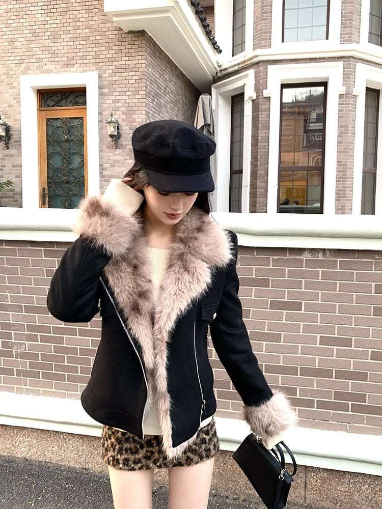 Winter Black Fur Motorcycle Warm Jacket