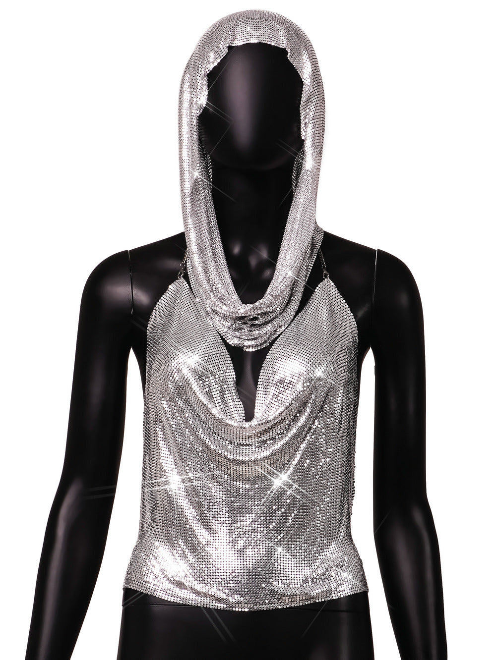 Back Slit Metal Sequins Top Scarf Two-piece Set