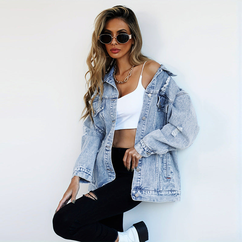 Women Denim Jacket Boyfriend-style Ripped Distressed