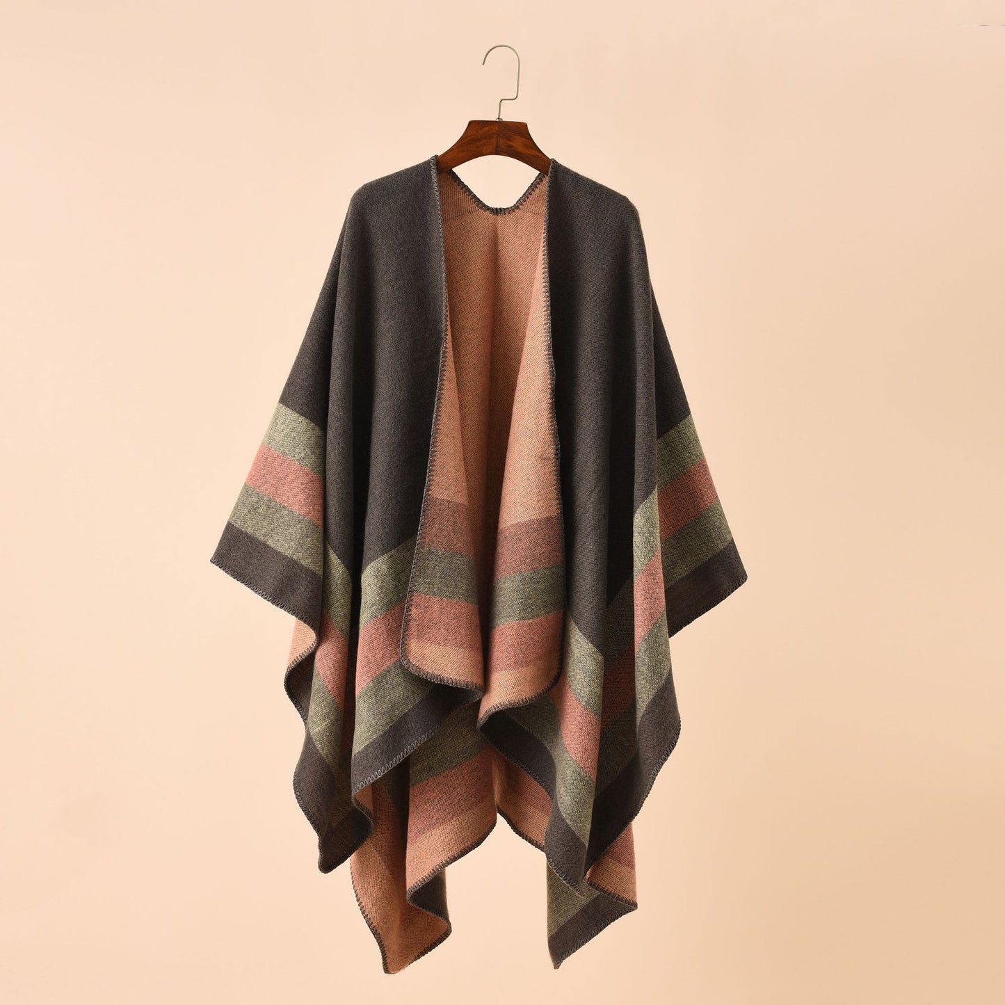 Double-sided Color Matching Plaid Cashmere-like Shawl Outer Match Cape Coat