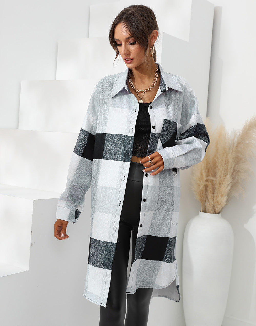 Women's Autumn And Winter Plaid Single-breasted Long Coat