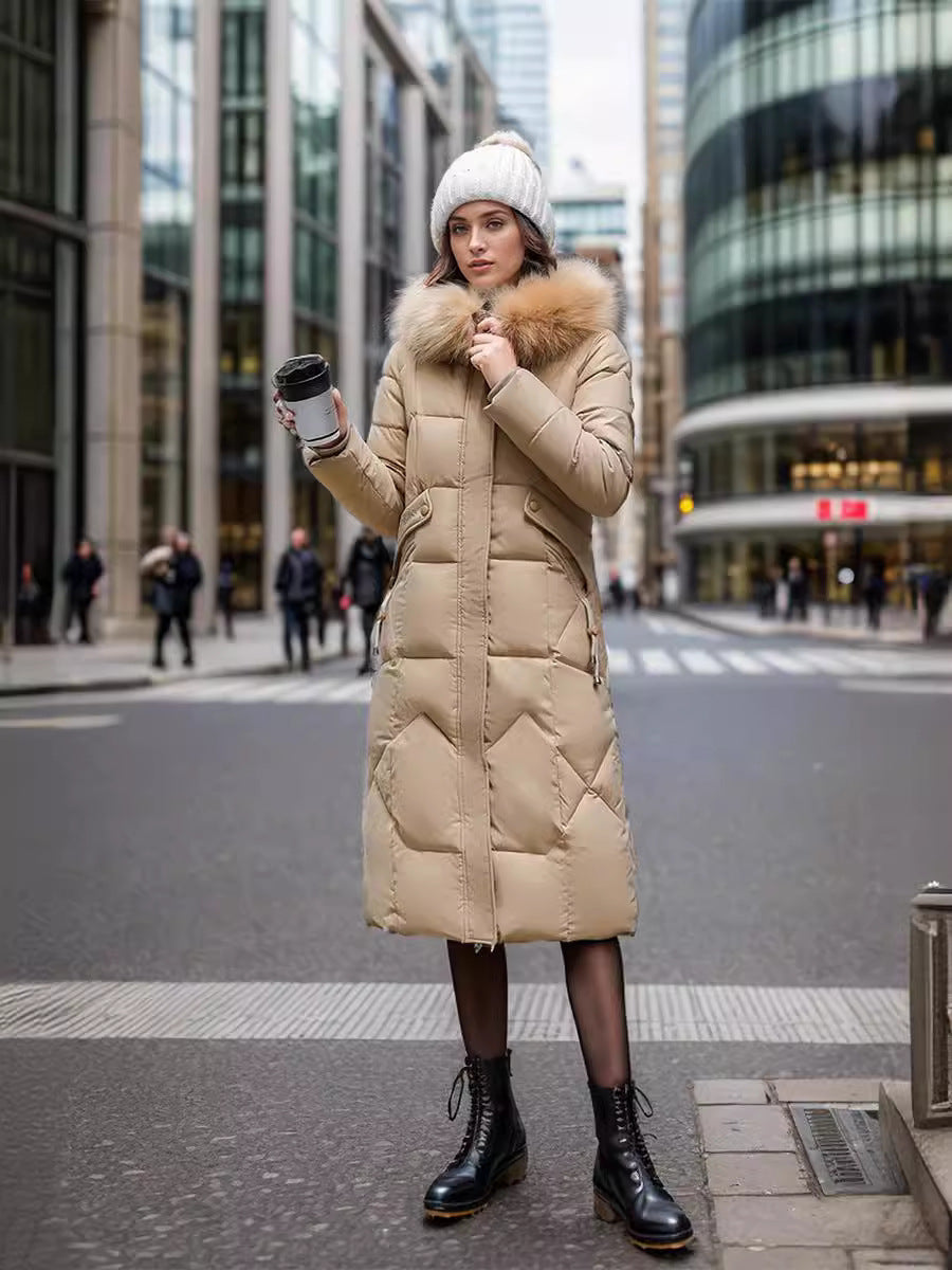 Slim Fit Below The Knee Cotton Coat Big Fur Collar Thickened Padded Jacket