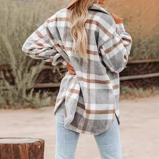 Women Casual Plaid Buckle Long Sleeve Jacket