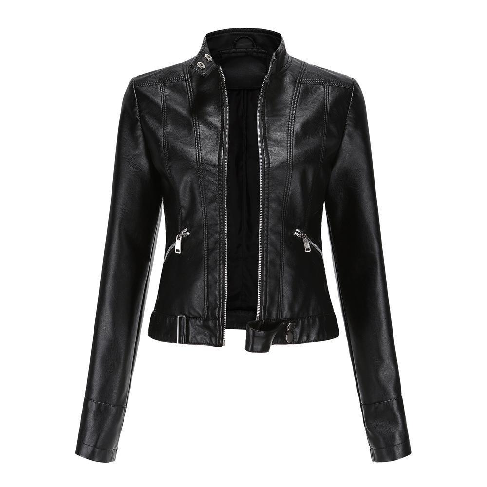 Women's Short Leather Jacket Stand Collar Jacket Thin