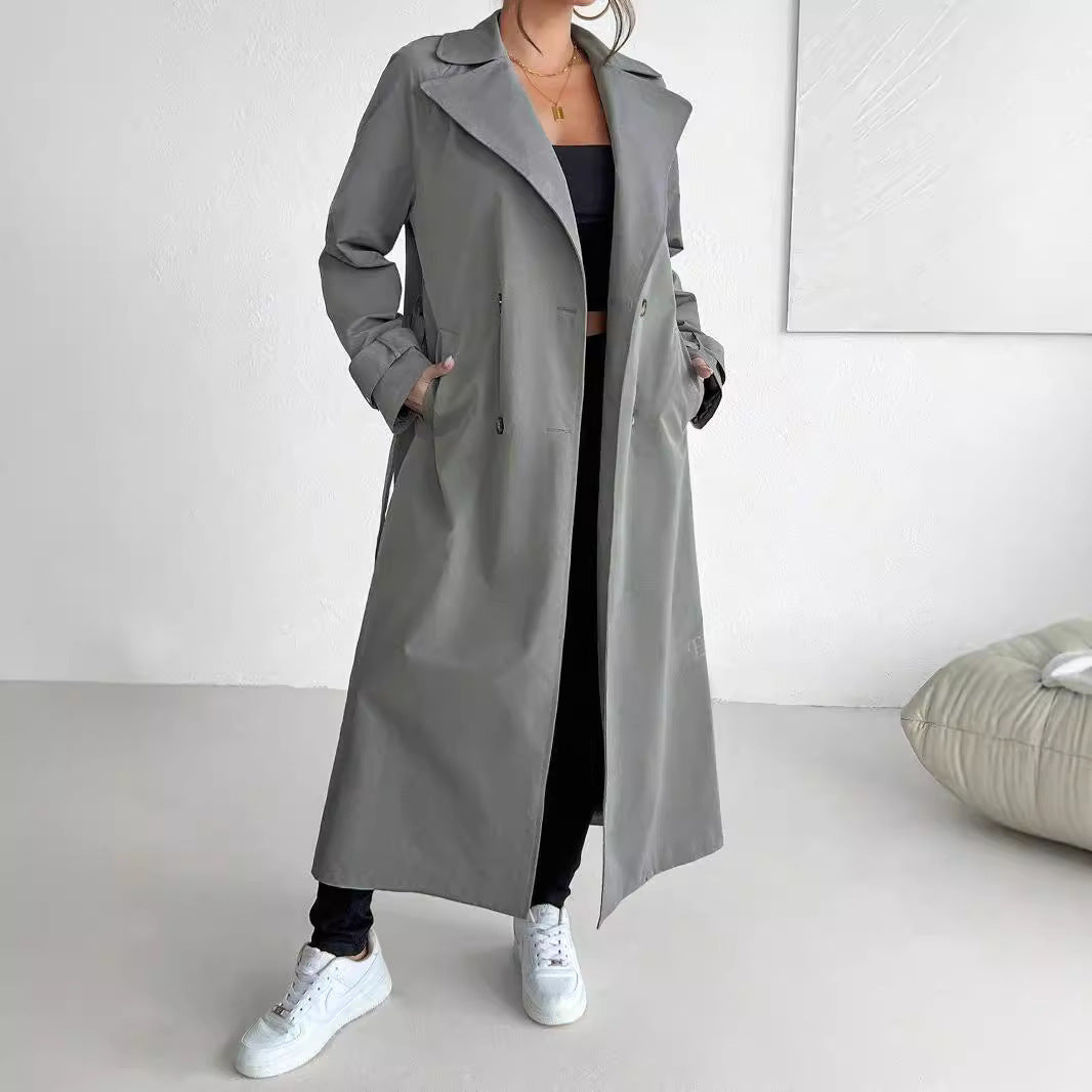 Temperament Leisure Long Premium Solid Color Double Breasted Coat