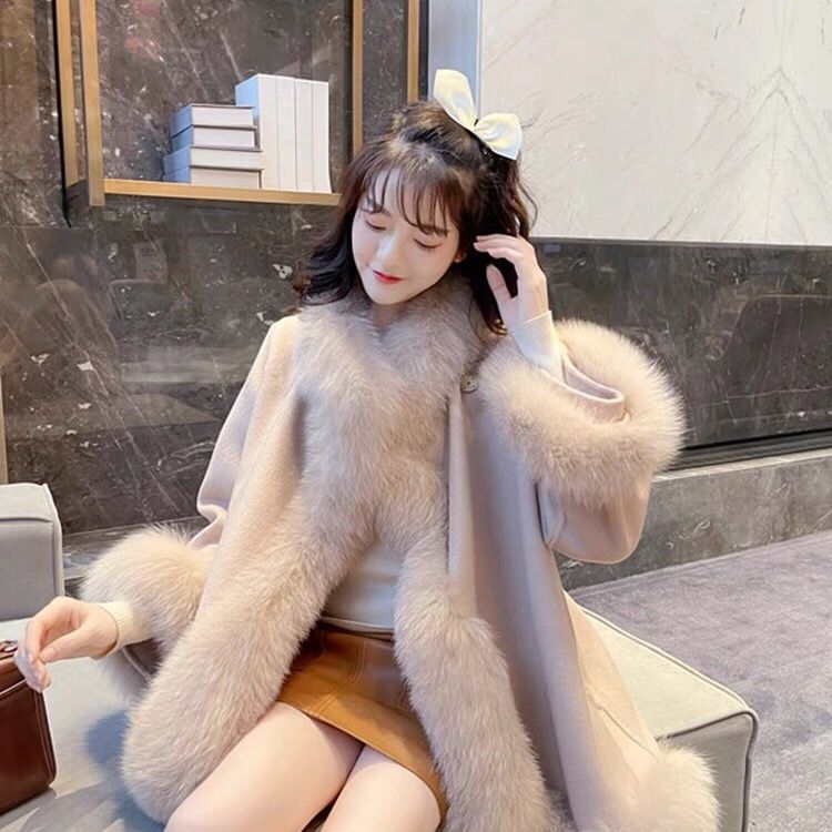 Artificial Fur Mid-length Coat Women's Woolen Cloak