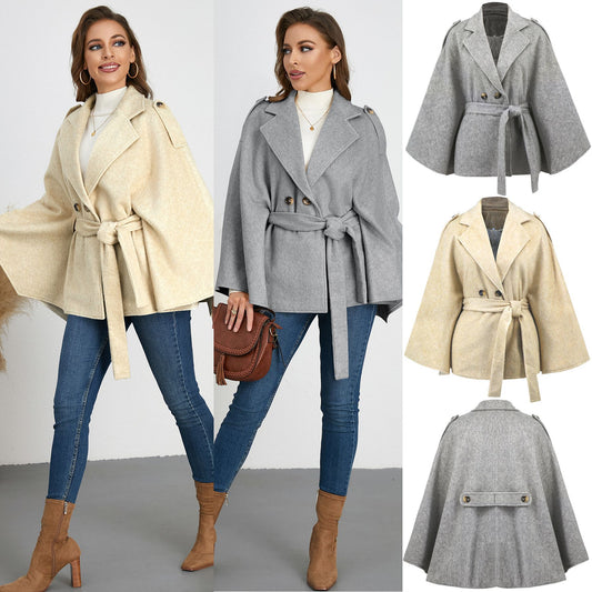 Bandage Coat Batwing Sleeve Lapel Woolen Coat