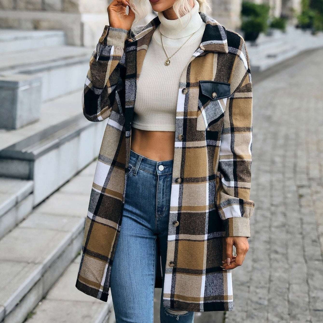 Women Casual Plaid Printed Pocket Long Jacket