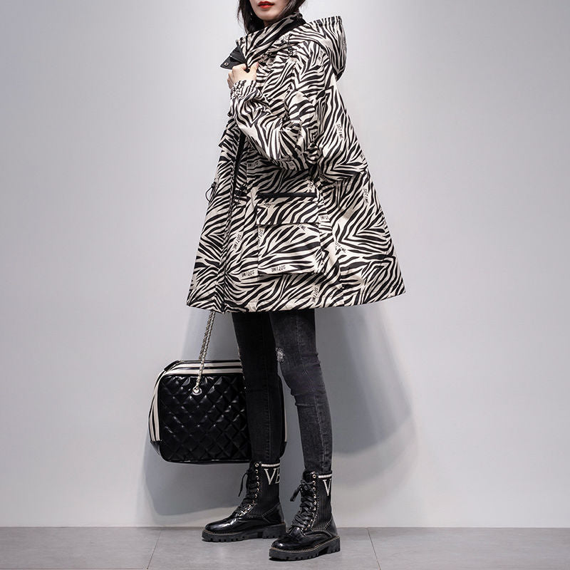 Women Mid-length Hooded Zebra-print Trench Coat