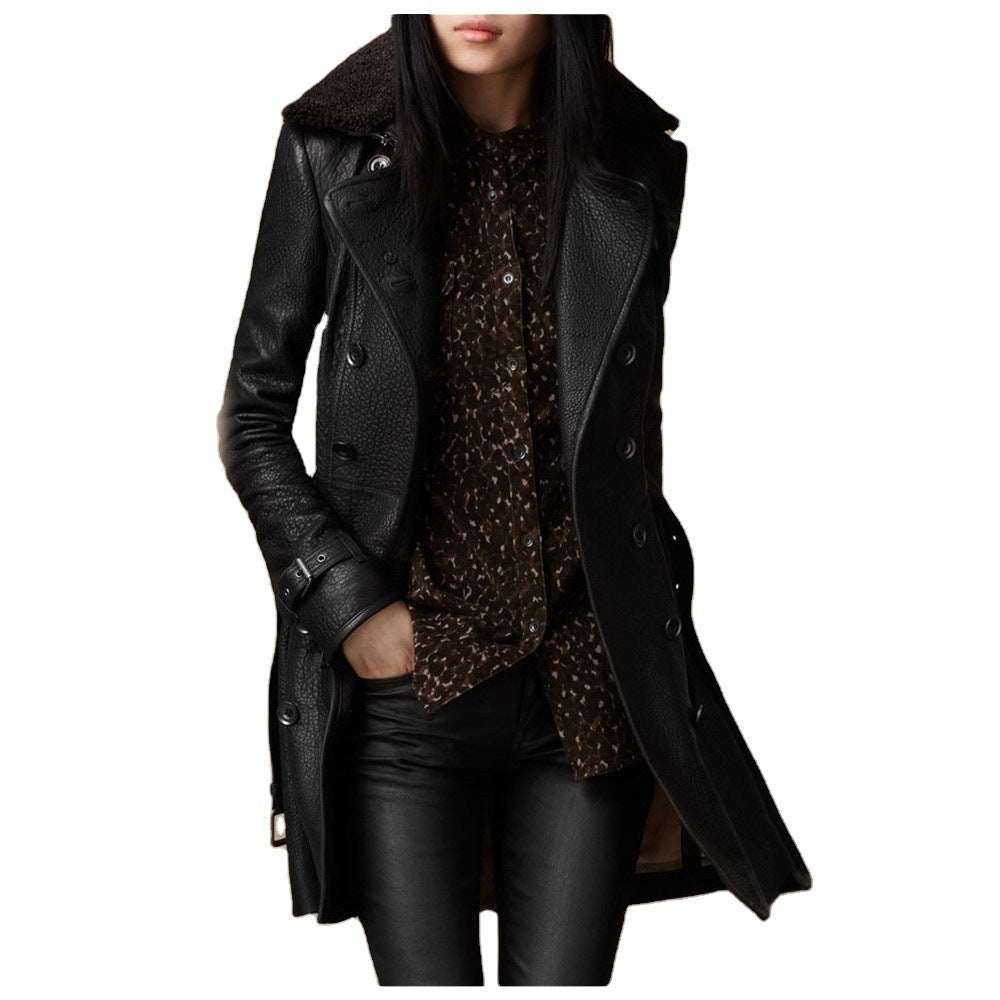 British Women's Fur Collar Leather Coat Mid-length