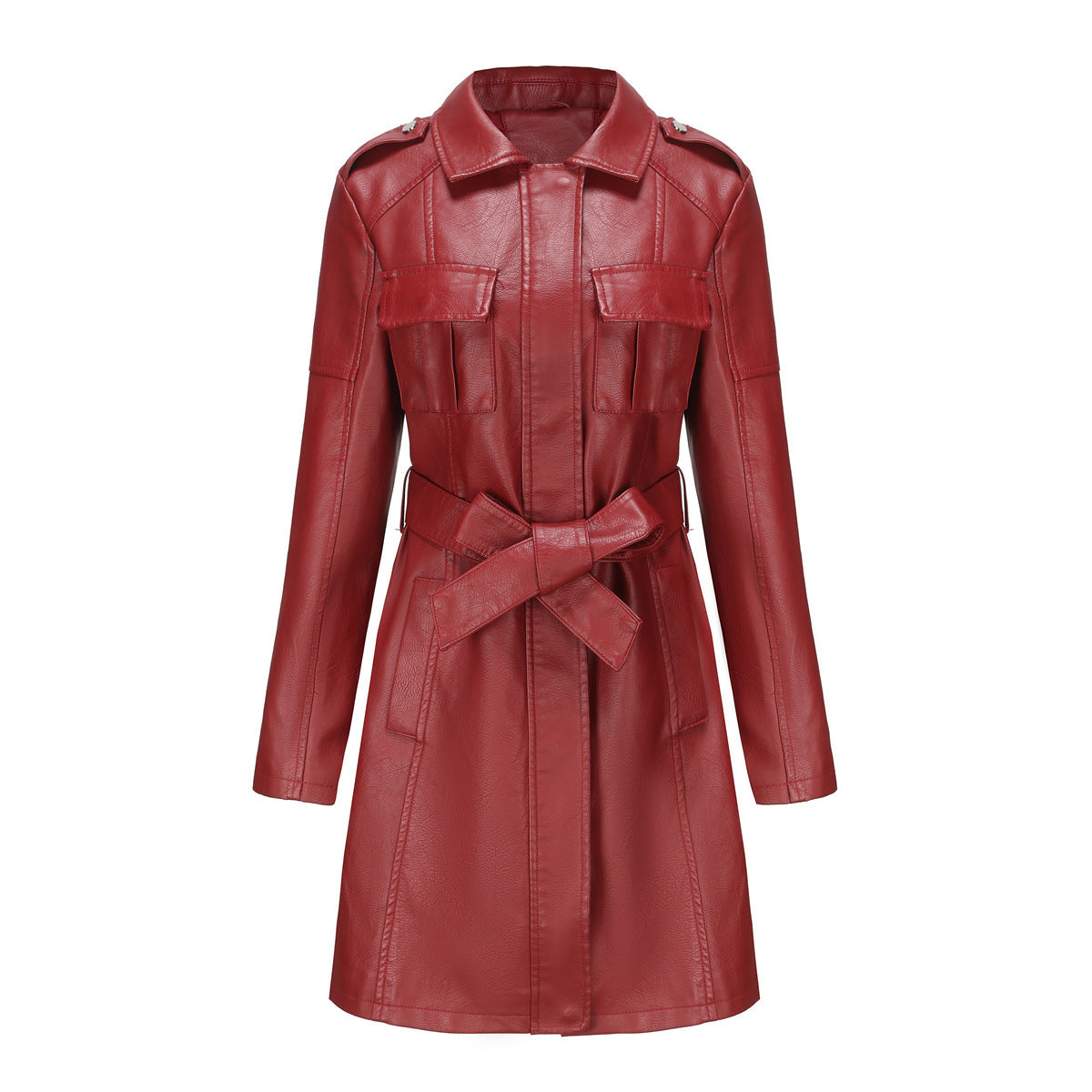 New European And American-style Mid-length Leather Coat With Belt Fashion British Coat For Women