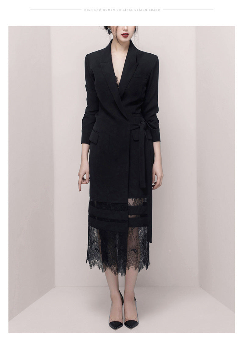 Lace Long Patchwork Suit Skirt Black Dress