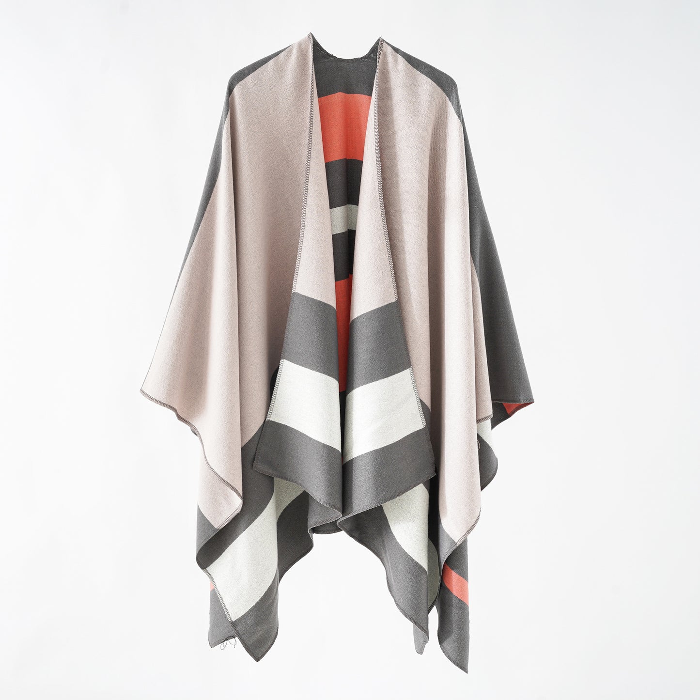 Double-sided Color Matching Plaid Cashmere-like Shawl Outer Match Cape Coat