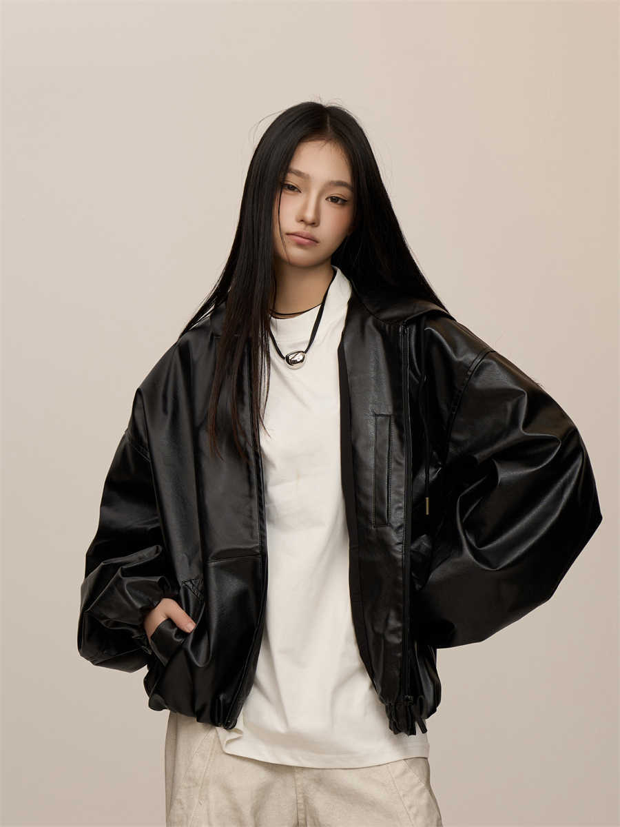 Women's Black Hooded Leather Coat