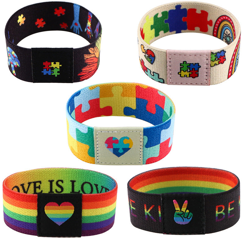 Colorful Puzzle Elastic Wrist Strap Care Autism Sports Elastic Cartoon Bracelet Washable Elastic