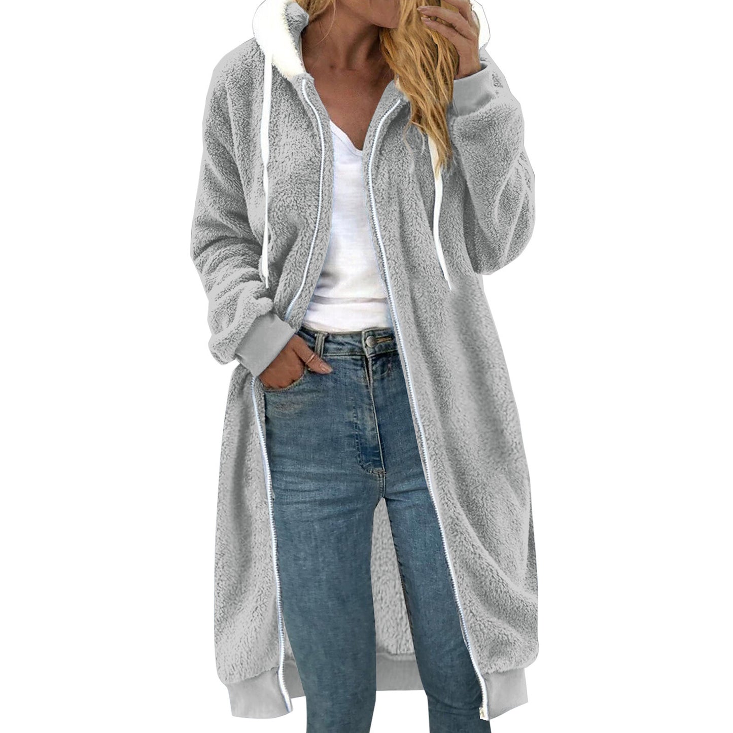 Women Thick Mid-length Double-sided Plush Fur Hooded Long Hoodie