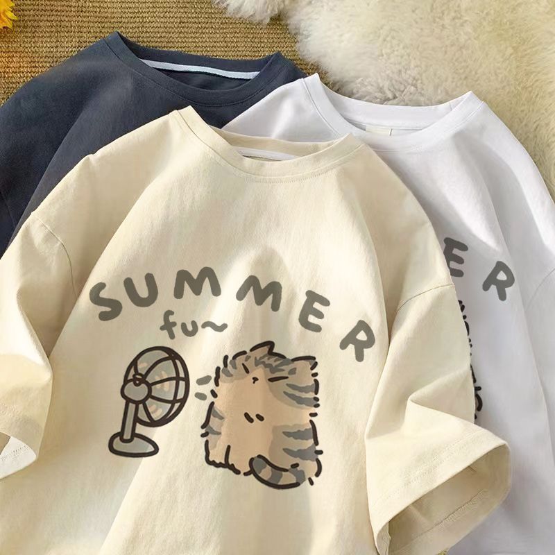 Pure Cotton Cartoon Kitten Print Short Sleeve Shirt Men And Women