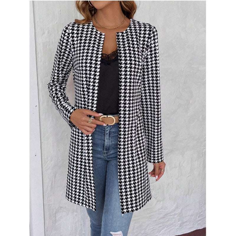 Women's Clothing Houndstooth Long Coat