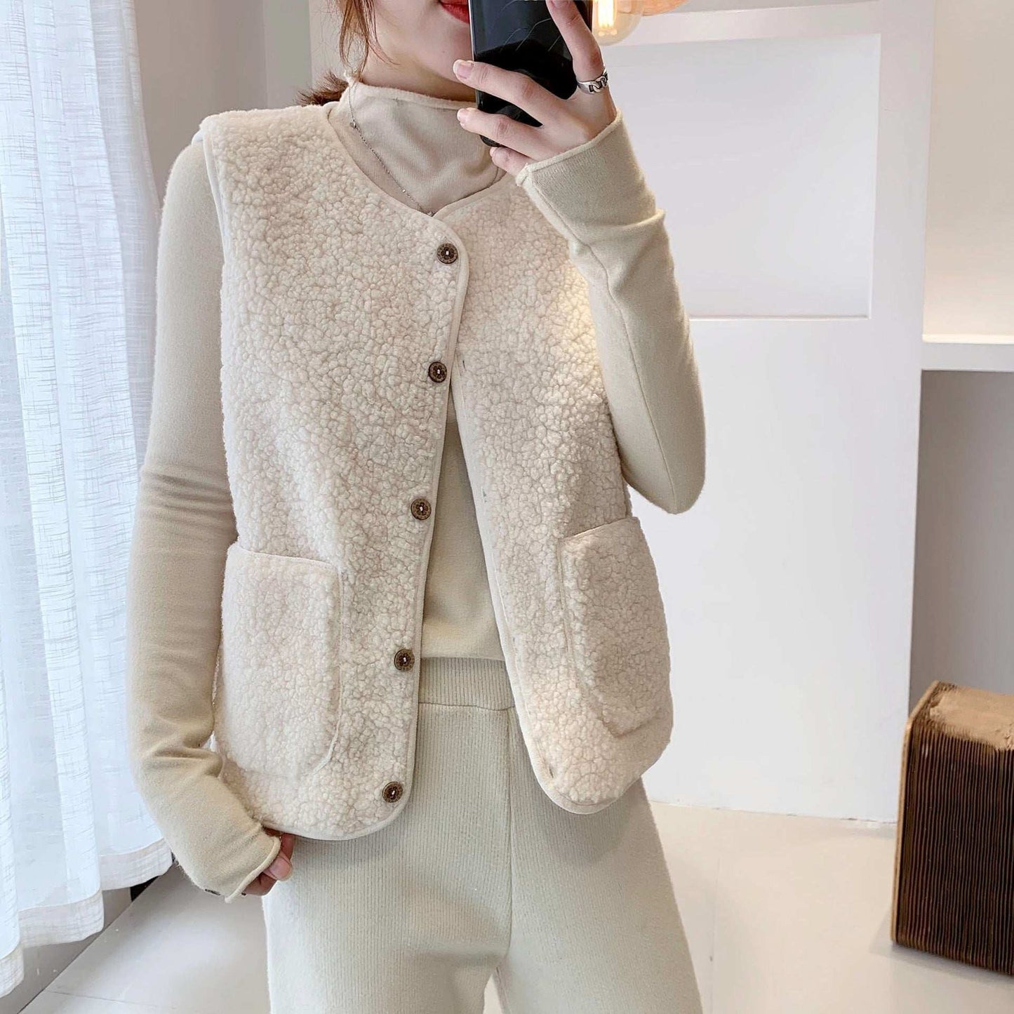 Women's Outer Wear Short Loose Lamb Wool Vest