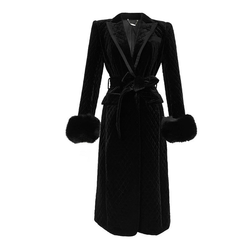 Women Black Velvet Mid-length Coat