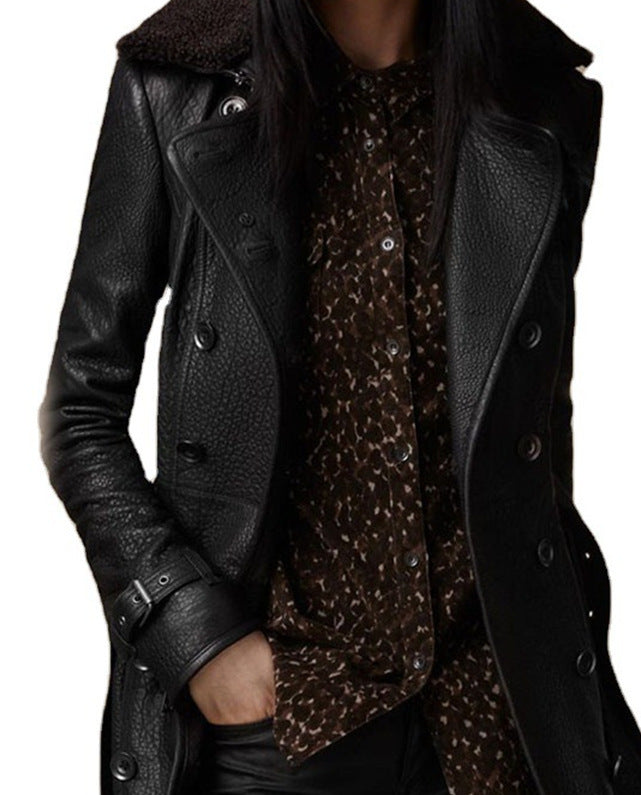 British Women's Fur Collar Leather Coat Mid-length