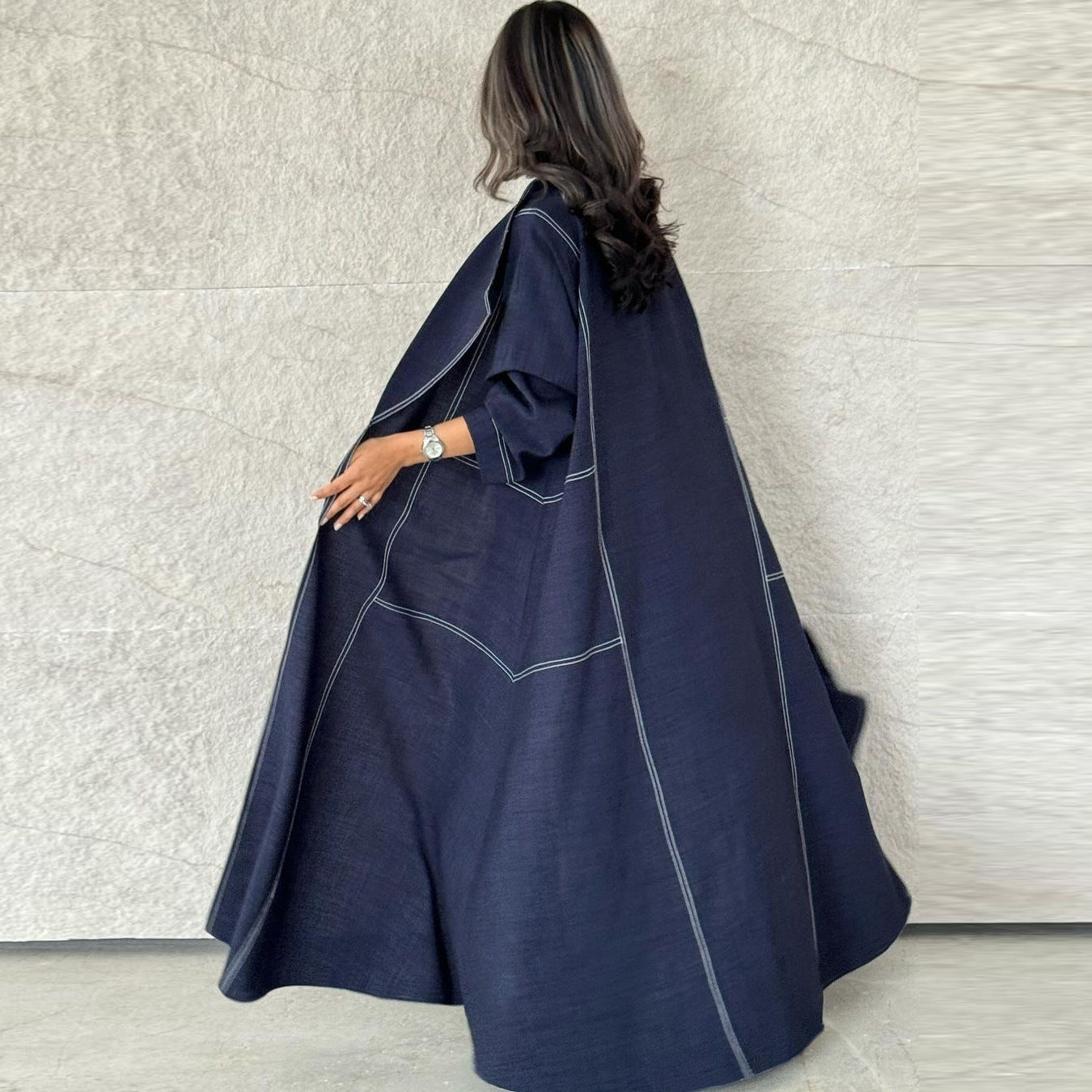 Loose Plus Size Slimming Contrast Color Open Line Denim Long Trench Coat