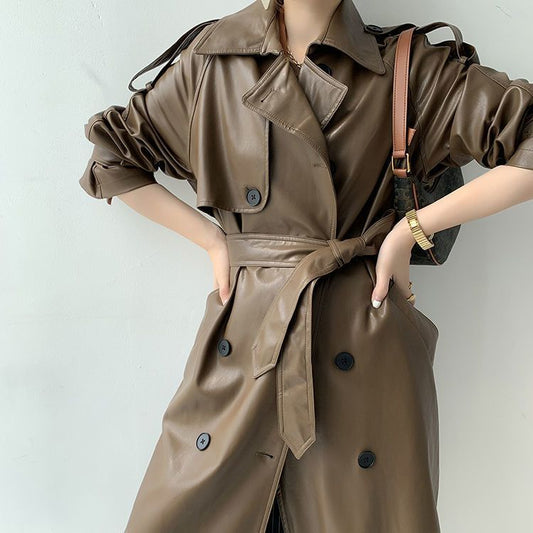 Retro Women's Mid-length Waist Slimming Pu Coat