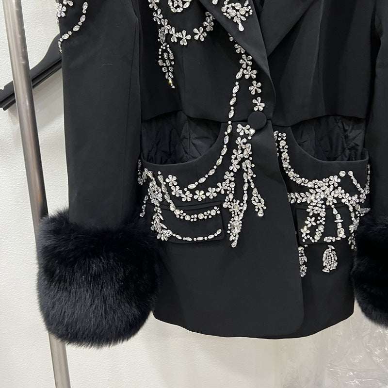 European And American Suit Jacket Women's Fox Fur Fur Diamond Studded By Hand Plus Cotton Coat