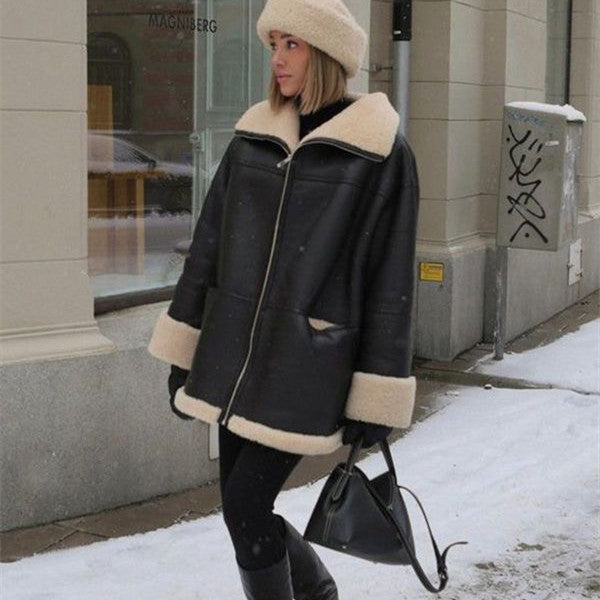 Fashion Cashmere Leather Fur Collar Composite Leather Coat