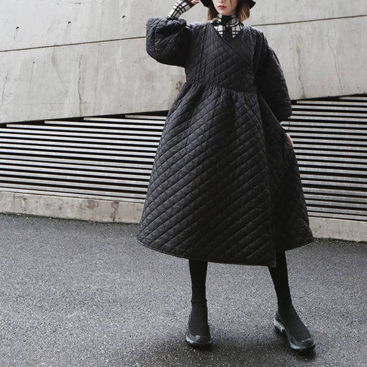 Oversize Lantern Sleeve Diamond Plaid Embossed Long Loose Cotton Coat