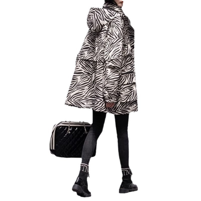 Women Mid-length Hooded Zebra-print Trench Coat