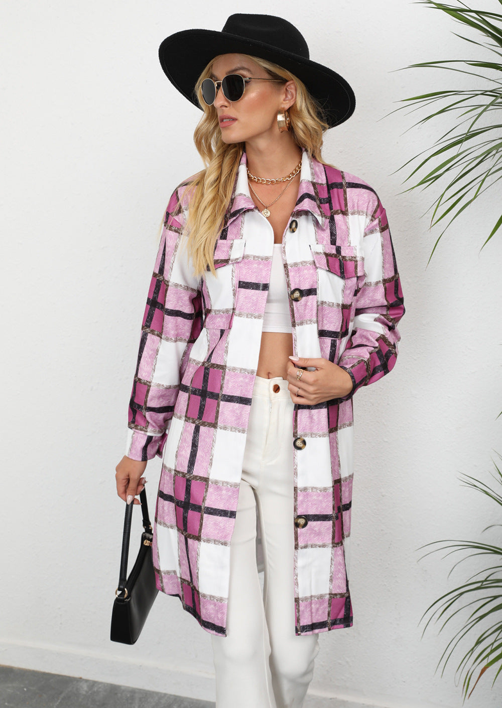 Women's Plaid Single-breasted Lapel Long-sleeved Coat