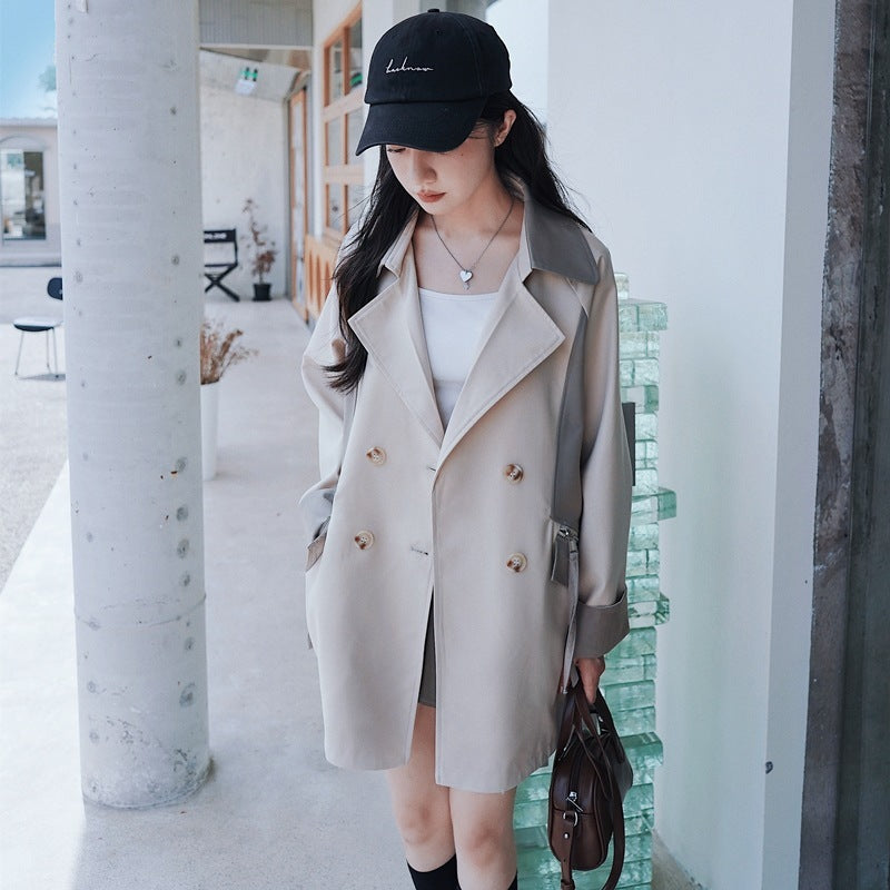 Loose Contrast Color Casual Creamy-white Short Trench Coat