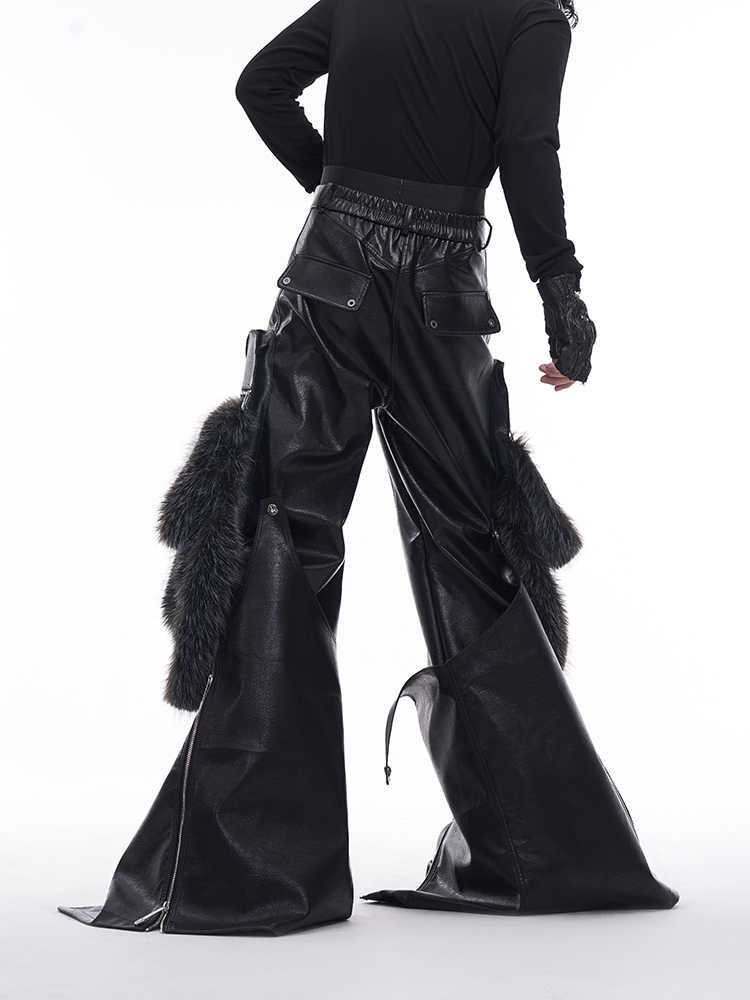 Structural Design Fur Stitching PU Leather Wide-leg Pants