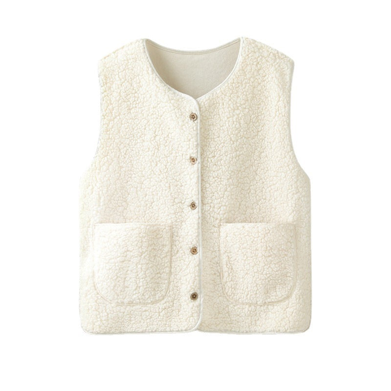 Women Outer Wear Short Loose Lamb Wool Vest