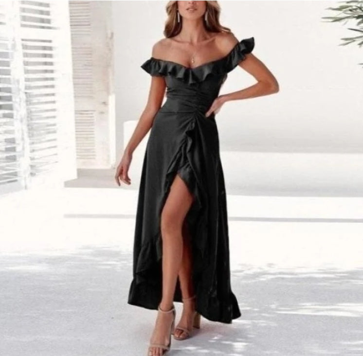 Women's Skirts, Large Sloping Shoulders Long Dress With Ruffles