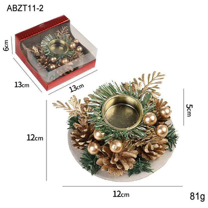 Christmas Candle Metals Candlestick Wreath Artificial Pinball Pinecone Candle Holder Fake Leaves Xmas New Year Home Table Decor