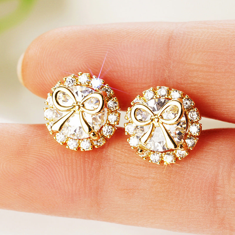 Bow Stud Earrings Sweet Accessory Micro Inlaid Zircon