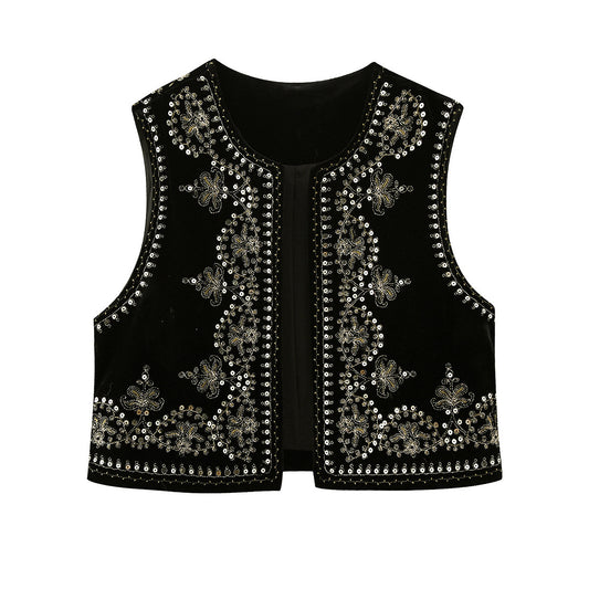 Euro-american Style Women's Retro Fashion Casual Embroidered Velvet Vest