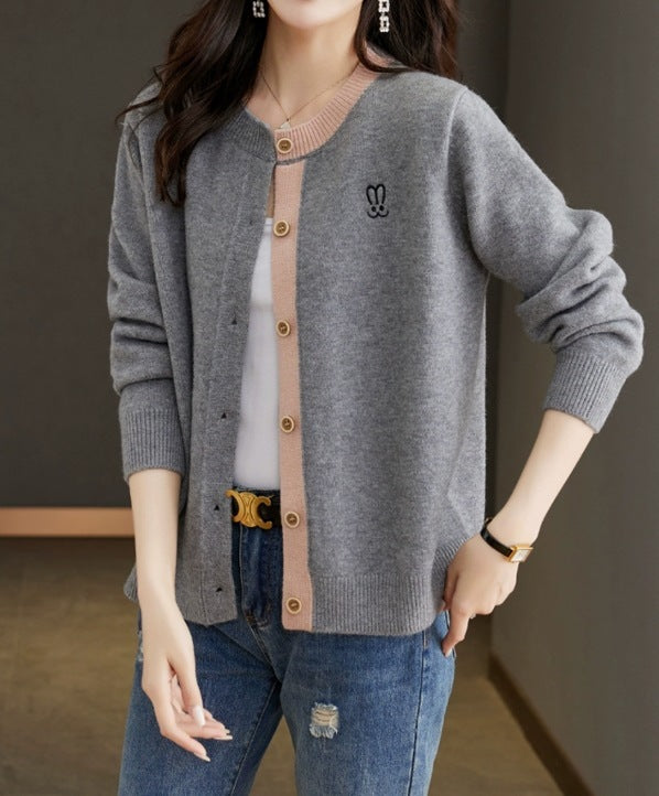 Round Neck Wool Knit Cardigan Women's Loose Western Style Outer Wear