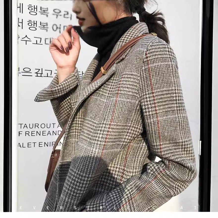 Season New Checkered Suit Retro Loose All-match Mid-length Woolen Plaid Suit