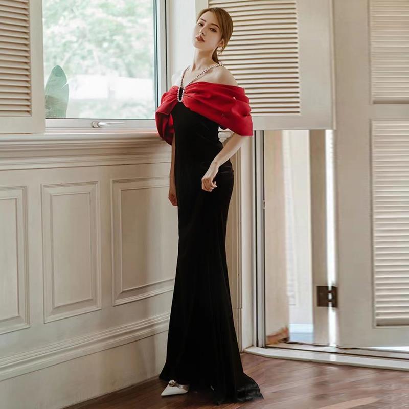 Premium Sense Wine Red Engagement Fishtail Temperament One Line Shoulder Evening Dress