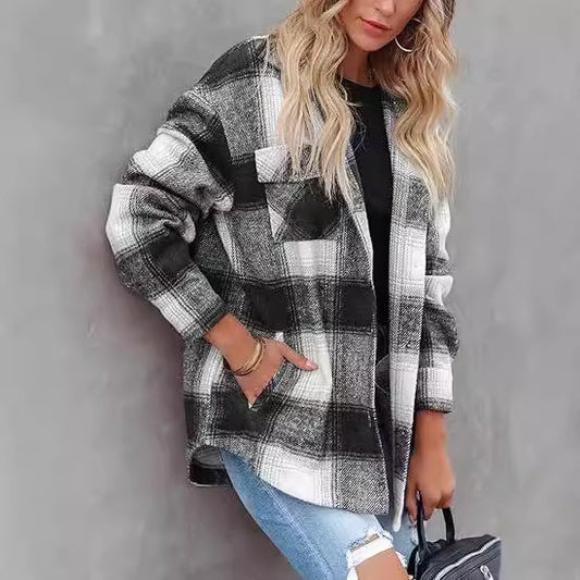 Women Casual Plaid Buckle Long Sleeve Jacket