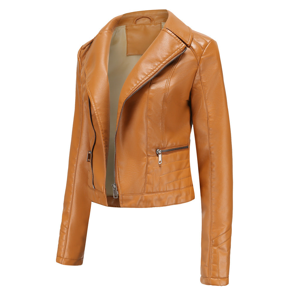 Womens Fashion Lapel Spring And Autumn Washed PU Leather Jacket